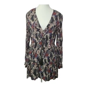 Free People Stealing Fire Floral Babydoll Dress Sz S Boho Peasant Mini V-Neck